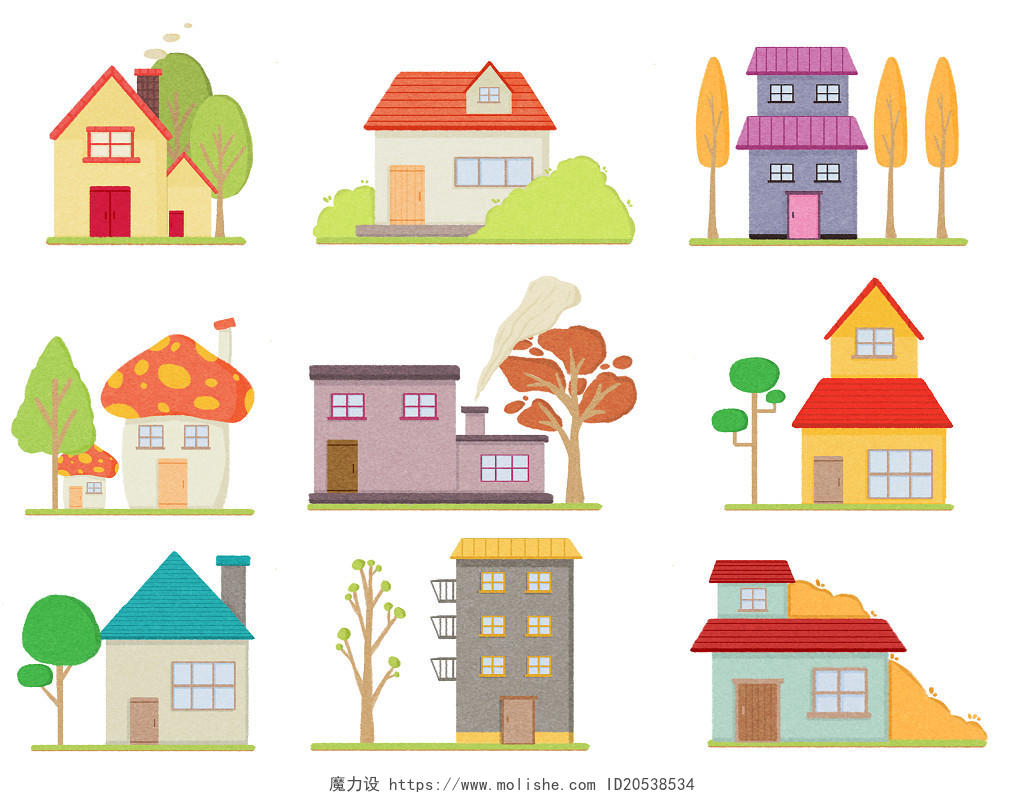 卡通房子元素各种房屋卡通植物蘑菇房小房子PNG素材